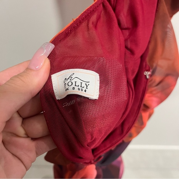 OhPolly CROSSOVER RUCHED MESH MINI DRESS IN ORANGE - Picture 3 of 4